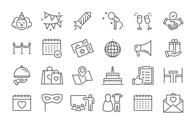 Event planning web icons in line style. Holiday, event, party, celebration, entertainment. Vector illustration.