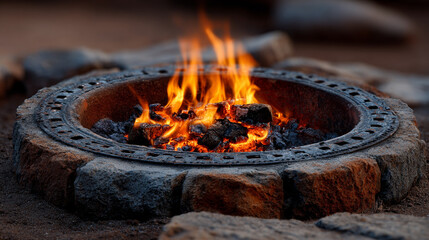 Fiery ring glowing with intense flames on dark background, dynamic energy, dramatic visual, perfect for concepts of power, fire, energy, magic, and action visuals.