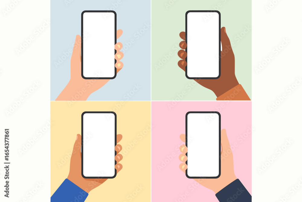 Aufkleber set of diverse hands holding smartphones. mobile phone mockup with blank white screen. vector templa
