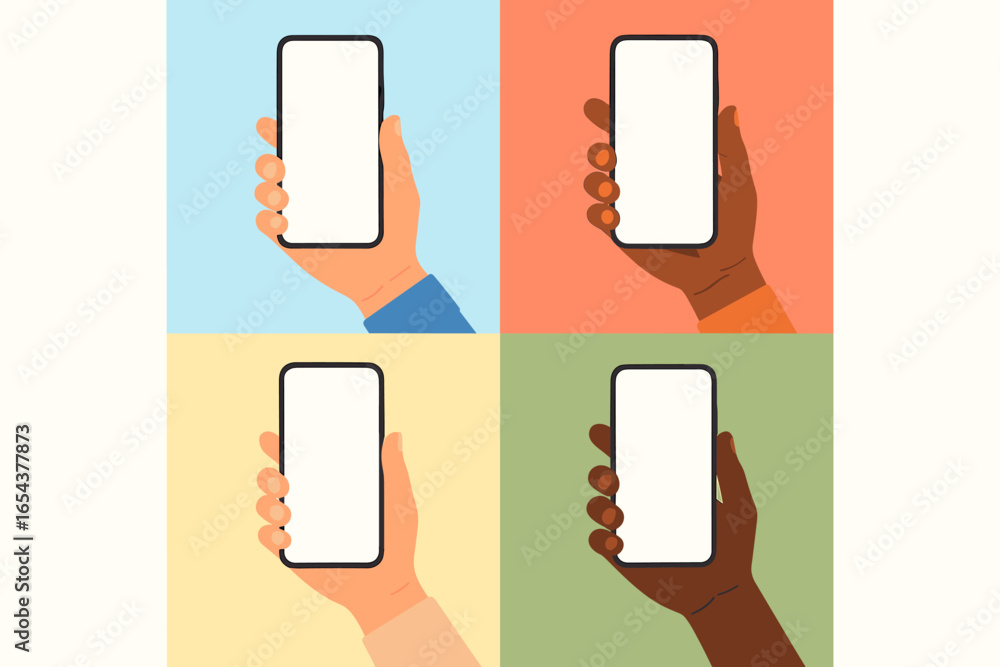 Aufkleber collection of diverse hands holding smartphones. vector mockup set with blank white screen for mobil