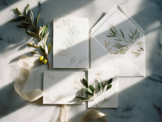 Elegant wedding stationery with olive branch and silk ribbon