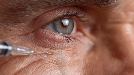 Close up of medical syringe injecting near eye of person with blue eye, showing detailed skin texture and eyelashes in clinical beauty treatment setting