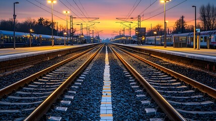 Obraz premium Railroad tracks extend into a twilight railway station at sunset.
