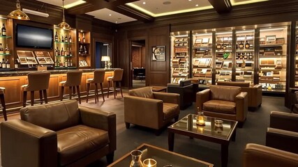 Elegant lounge with leather seating and whiskey display