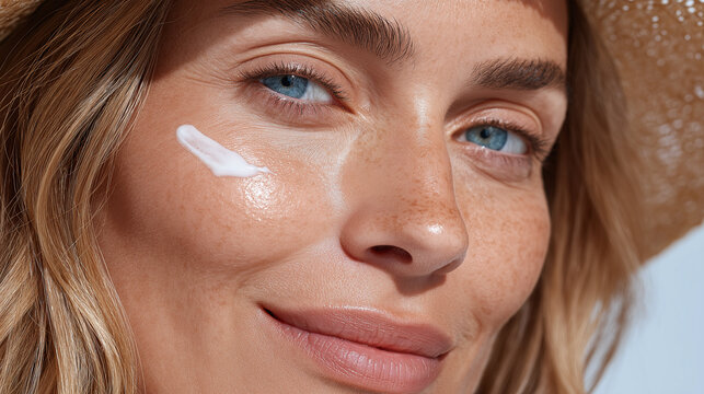 Close up of woman with blue eyes and freckles smiling while applying sunscreen lotion on her cheek under natural light wearing straw hat for sun protection