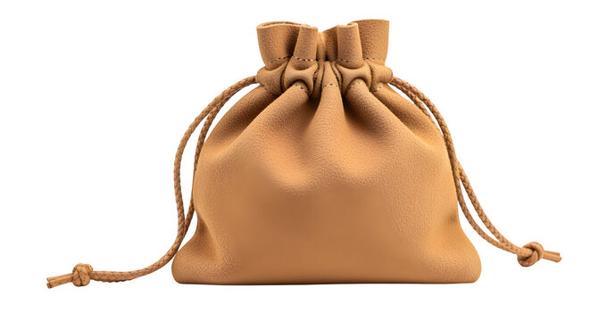 Soft drawstring pouch in suede texture, isolated on white background