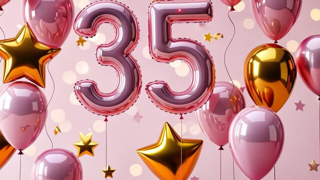 Celebratory 35th birthday with floating helium balloons and festive stars