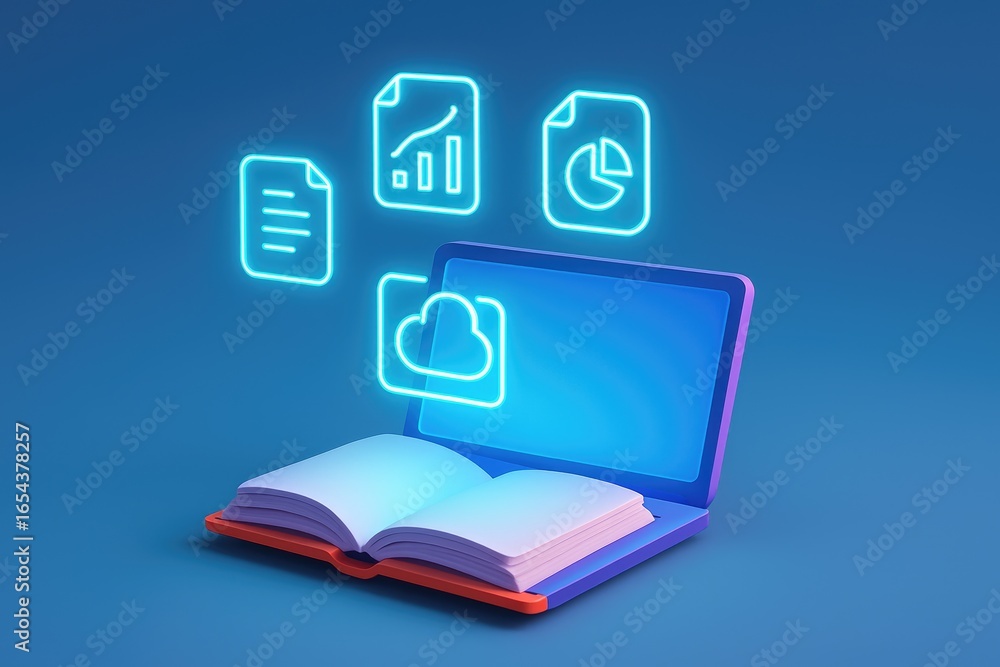 Poster open book transforming into a laptop with glowing digital icons representing data and cloud storage 