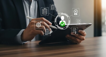 Businessman using tablet with digital document and agreement icons concept