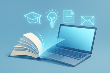 Open Book on Laptop with Digital Icons of Graduation Cap Lightbulb Document and Envelope Keywords: book laptop digital icons graduation cap lightbulb document envelope education learning online