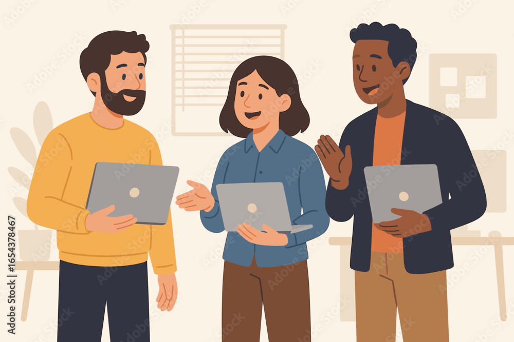 Poster diverse team of colleagues working together in an office. three business people characters standing 