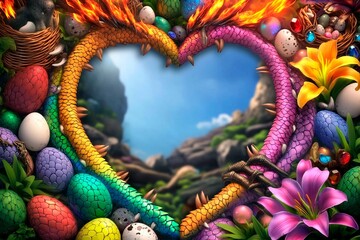Multicolor heart-shaped frame featuring a mythical dragon and vibrant eggs in a magical garden setting