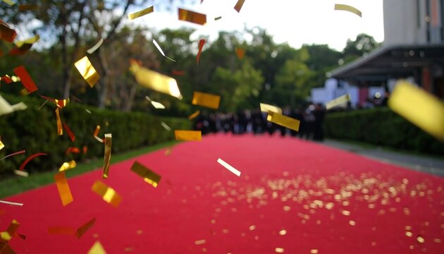 Golden confetti falls on red carpet at an event