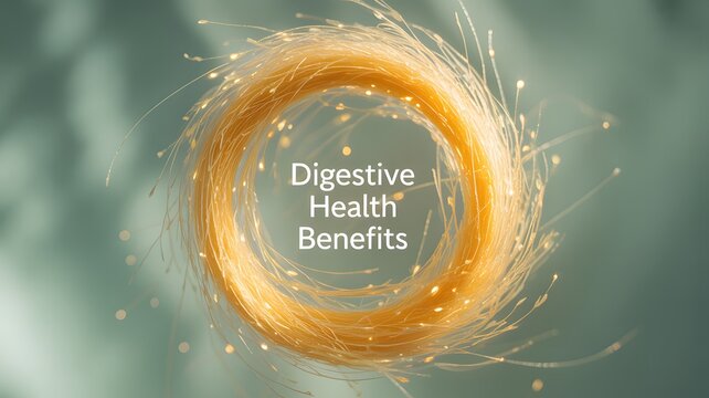 Digestive Health Benefits highlighted within a glowing, circular fiber structure against a soft teal background