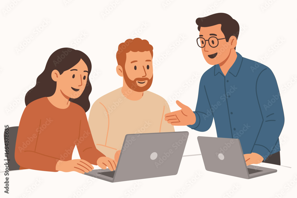 Poster teamwork concept. colleagues working on computers. business people talking and discussing work toget