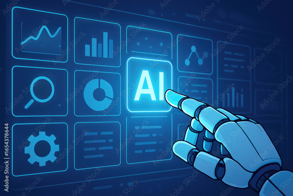 Poster robot hand interacting with ai digital interface displaying data charts artificial intelligence robo