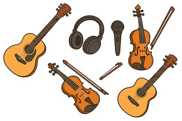 Musical instruments vector set. Isolated cartoon collection with acoustic guitar, classical violin with bow, studio microphone, headphones for music production or sound recording.