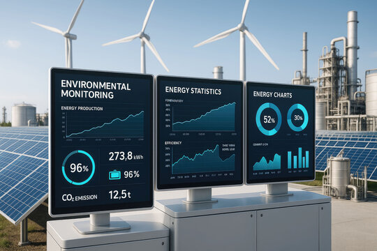 Renewable energy monitoring screens display production data and charts with wind turbines and solar panels in background