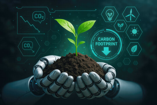 Robot hands holding soil with a young plant and carbon footprint data with environmental icons seedling