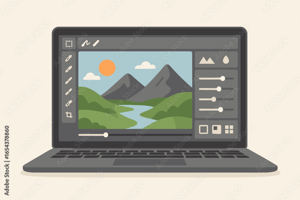 Poster photo retouching and editing on a laptop screen. graphic design software with a user interface for c