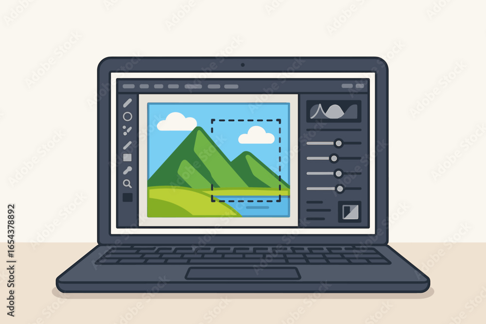 Poster photo retouching and editing on a computer screen. photo software on a laptop with a user interface 