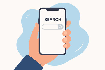 Hand holding smartphone with online search engine on screen. Vector mockup for internet browsing and information query. Mobile technology concept with search bar. Flat design.