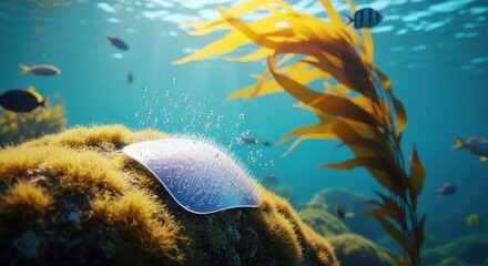 A futuristic underwater adhesive patch inspired by nature firmly attaching to soft aquatic surfaces like rocks or marine plants demonstrating strong waterresistant bonding in a