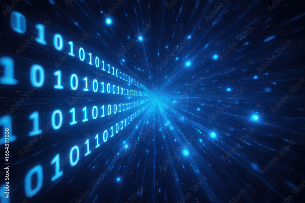 Aufkleber rows of glowing blue binary code numbers receding into a digital tunnel effect keywords: binary code