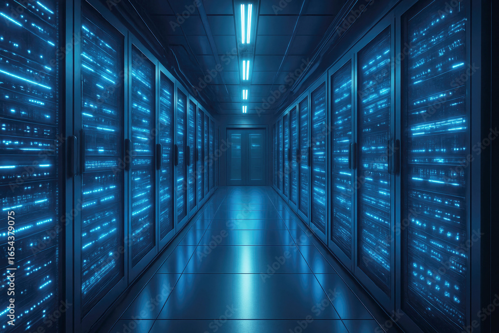 Poster server room corridor with rows of glowing blue data servers and lights data center technology