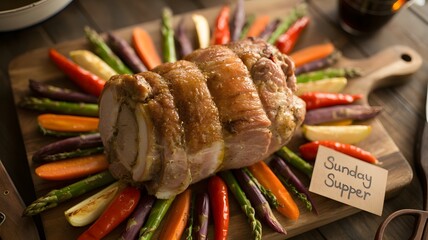 Roasted pork loin surrounded by colorful vegetables on a wooden board, labeled 'Sunday Supper'