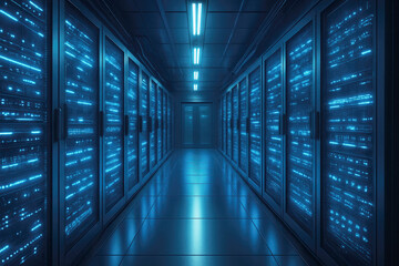 Obraz premium Server room corridor with rows of glowing blue data servers and lights data center technology