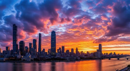 Dramatic Skyline: Tianjin Cityscape at Fiery Sunset with Cloudscape Reflections