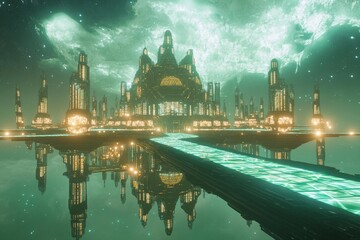 Floating city with geometric design illuminated at dusk above a tranquil landscape