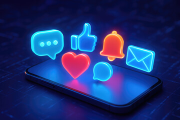 Smartphone displaying glowing social media icons including like heart and message mobile phone technology