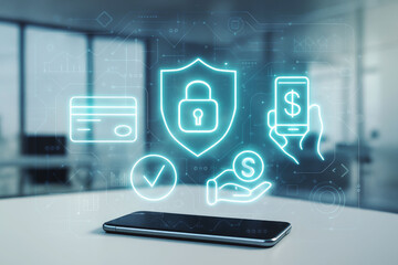 Smartphone displaying digital security and financial icons with a blurred office background Keywords: smartphone, technology, security, finance, online, banking, payment, credit card, shield, lock