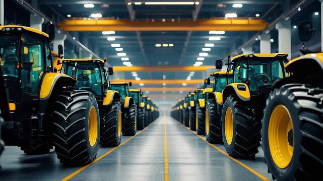 Row of modern green and yellow agricultural tractors lined up inside spacious industrial factory hall with bright overhead lighting