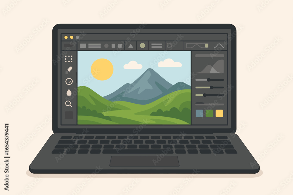 Poster photo editing software on computer screen. graphic design and retouching concept. laptop with progra