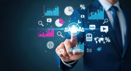 Business man touching virtual screen with data analysis and statistics