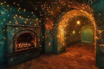 Underwater oven surrounded by magical fireflies illuminating the ancient walls in a mystical setting