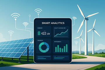 Tablet displaying smart analytics with solar panels and wind turbines in a green landscape technology