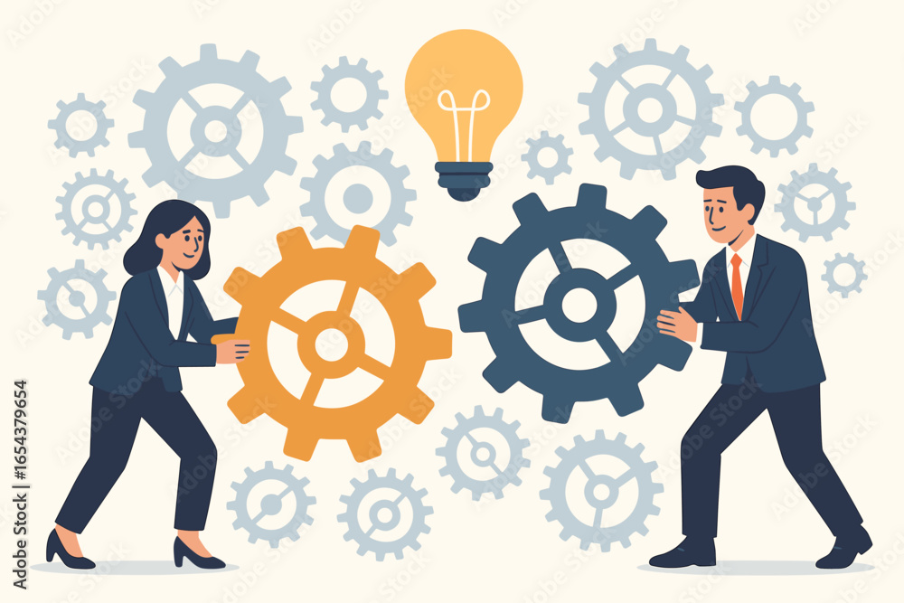 Poster problem solving concept. business people working together. teamwork and collaboration for a business