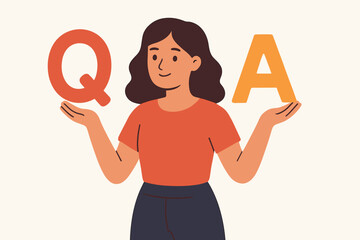 Q&A concept vector illustration. Young smiling woman holding Q and A letters. Customer support, help desk, FAQ, communication, and information seeking concept. Flat cartoon style.