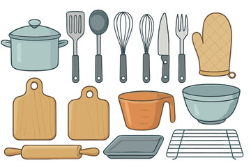 Set of kitchen utensils for cooking and baking. Vector cartoon illustration of kitchenware icons. Pot, pan, whisk, spatula, rolling pin, bowl. Culinary food preparation concept.