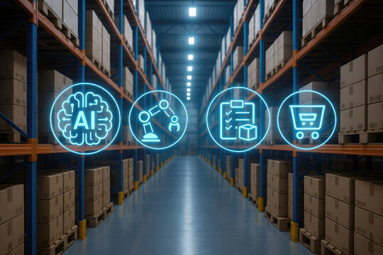Warehouse interior with shelves of boxes and glowing AI, robot, and checklist icons artificial intelligence