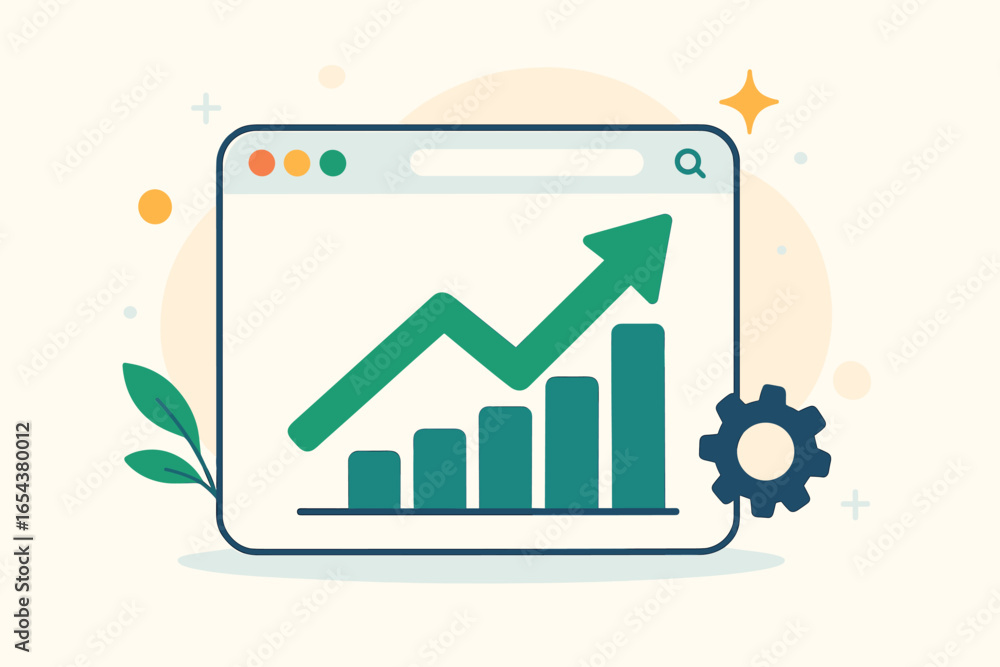 Poster search engine optimisation seo concept with browser and rising chart. website traffic growth analysi