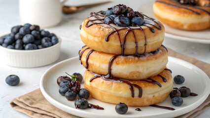 Delicious Chocolate Glazed Donuts with Blueberries on Marble Table