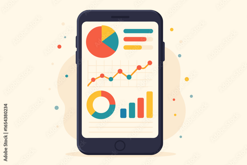 Poster smartphone with data analysis app. mobile screen with infographic graphs and charts. business analyt
