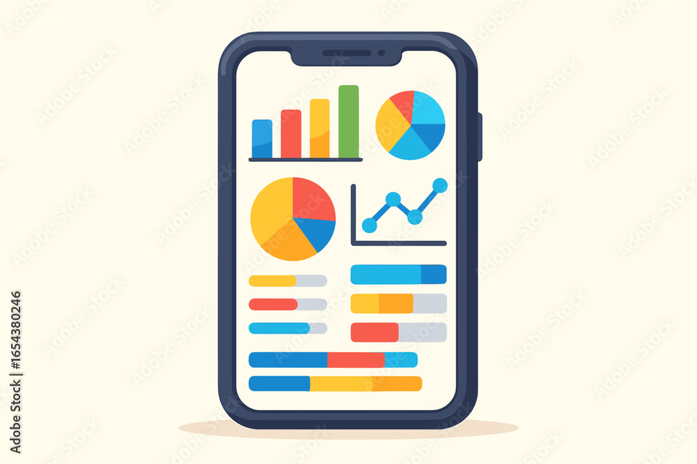 Poster smartphone with data analysis app on screen. mobile analytics dashboard with infographic chart, grap