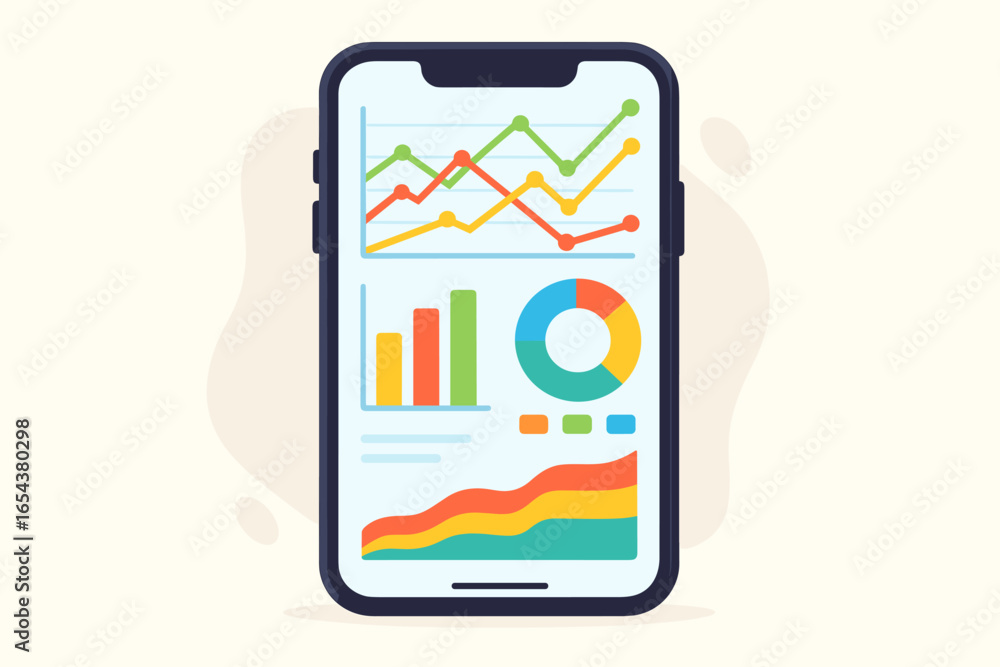Poster smartphone with data analysis app. mobile phone screen with financial dashboard, business charts and