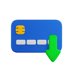 Vector cartoon 3d credit card fund withdrawal icon. Realistic 3d render of blue debit card with downward arrow for cashback, online payment, e-banking concept, cashless transaction symbol, web, app.